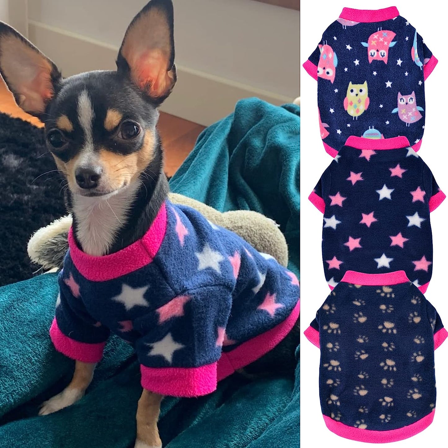 Yikeyo Puppy Clothes for Small Dogs Girl Set of 3 Kitten Clothes - Toy Yorkie Puppy Chihuahua Clothes - Ropa Para Perros - Female Dog Clothes - Fleece Dog Pajamas (Owl + Paw Print + Star, Large) Animals & Pet Supplies > Pet Supplies > Dog Supplies > Dog Apparel Yikeyo Owl + Paw print + Star Small (3-5 lbs) 