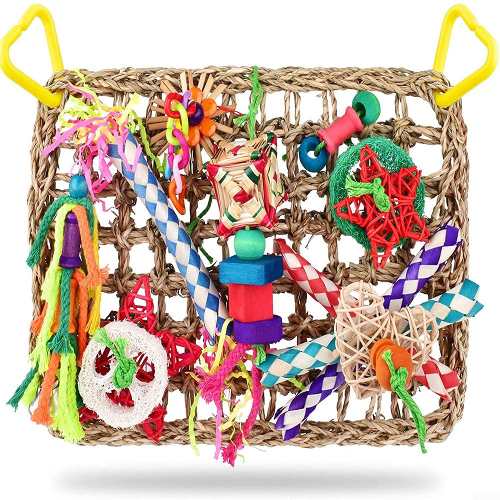 JSSH Bird Toys Seagrass Bird Foraging Toys Wall Edible Seagrass Woven Climbing Hammock Mat with Colorful Chewing Toys Pet Molar Pastime Parrot Toy Animals & Pet Supplies > Pet Supplies > Bird Supplies > Bird Toys JSSH   