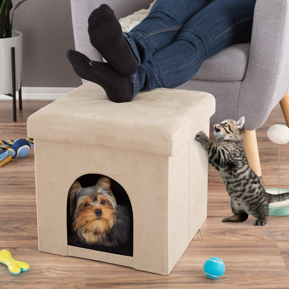 Pet House Ottoman - Collapsible Multipurpose Small Dog or Cat Bed Cube and Footrest with Cushion Top and Interior Pillow by PETMAKER (Microsuede Tan) Animals & Pet Supplies > Pet Supplies > Cat Supplies > Cat Beds Trademark Global, LLC.   