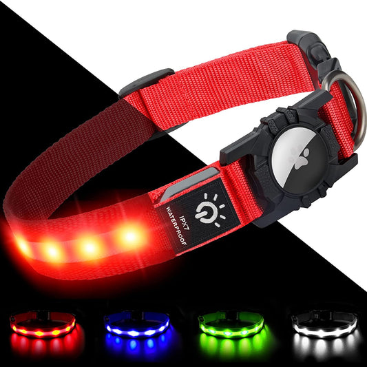 Joytale LED Airtag Dog Collar[100% IPX7 Waterproof], Light up Night Safety Pet Collars for Air Tag, USB C Rechargeable Lighted Glow Nylon Collar with Airtag Holder Case for Small Medium Large Dogs Electronics > GPS Accessories > GPS Cases Joytale Red Large (16"- 24") 
