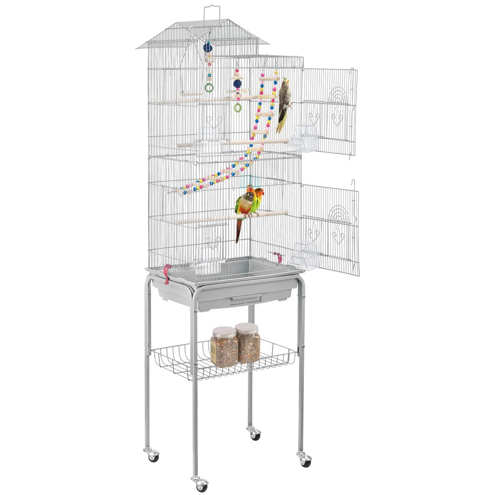 Topeakmart 62.5''H Rolling Metal Bird Cage Large Parrot Cage with with Detachable Stand & Toys, Light Gray Animals & Pet Supplies > Pet Supplies > Bird Supplies > Bird Cages & Stands Topeakmart   