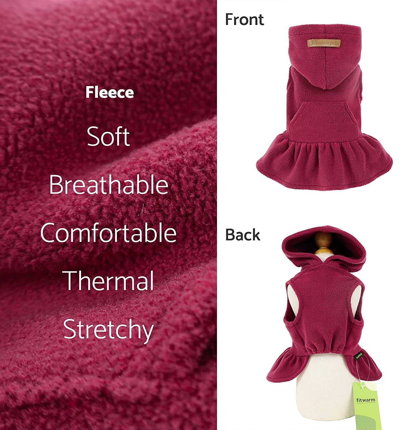 Fitwarm Fleece Dog Hoodie Dress, Vest Sweaters, Dog Clothes for Small Dogs Girl, Thermal Cat Apparel, Burgundy Red, Medium Animals & Pet Supplies > Pet Supplies > Dog Supplies > Dog Apparel Fitwarm   