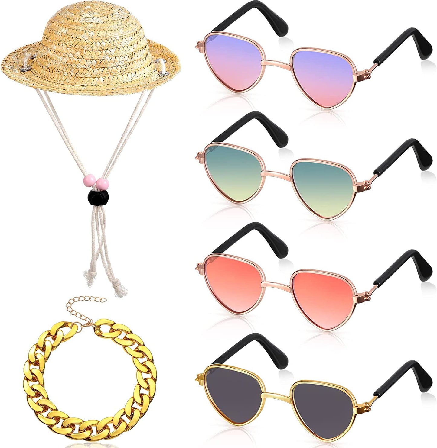 6 Pieces Pet Dog Cat Costume, Pet Sunglasses and Summer Pet Straw Hat with Faux Gold Chain Collar, Classic Funny Pet Accessories for Pet Cat Puppy Small Medium Dog Birthday Cosplay Party (Cute Style) Animals & Pet Supplies > Pet Supplies > Dog Supplies > Dog Apparel Weewooday Heart Style  