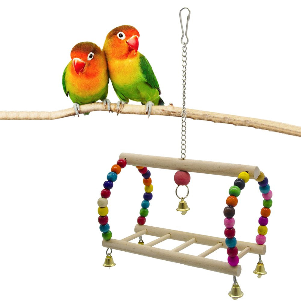 Bird Parrot Toy Hanging Bird Swing Perch Wooden Parrot Climbing Ladder Bird Cage Chew Bell Toy with Colorful Beads Animals & Pet Supplies > Pet Supplies > Bird Supplies > Bird Ladders & Perches MINIPI   