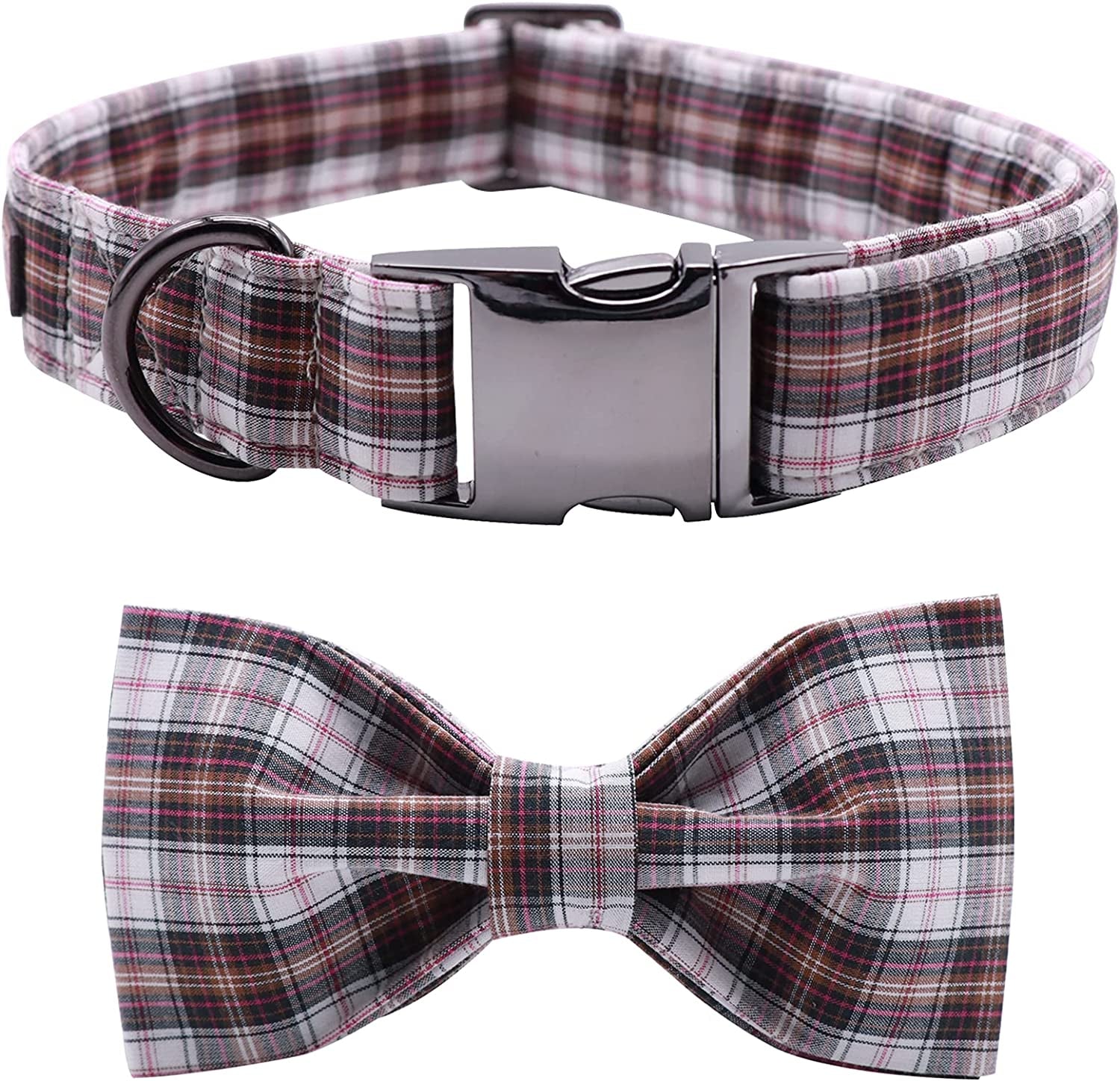 Lionet Paws Dog Collar with Bow Tie - Soft Comfortable Adjustable Collars with Metal Buckle for Medium Dogs, Neck 13.5-22 Inches Animals & Pet Supplies > Pet Supplies > Dog Supplies > Dog Apparel lionet paws Brown Grid XL Collar&Bow (Pack of 1) 