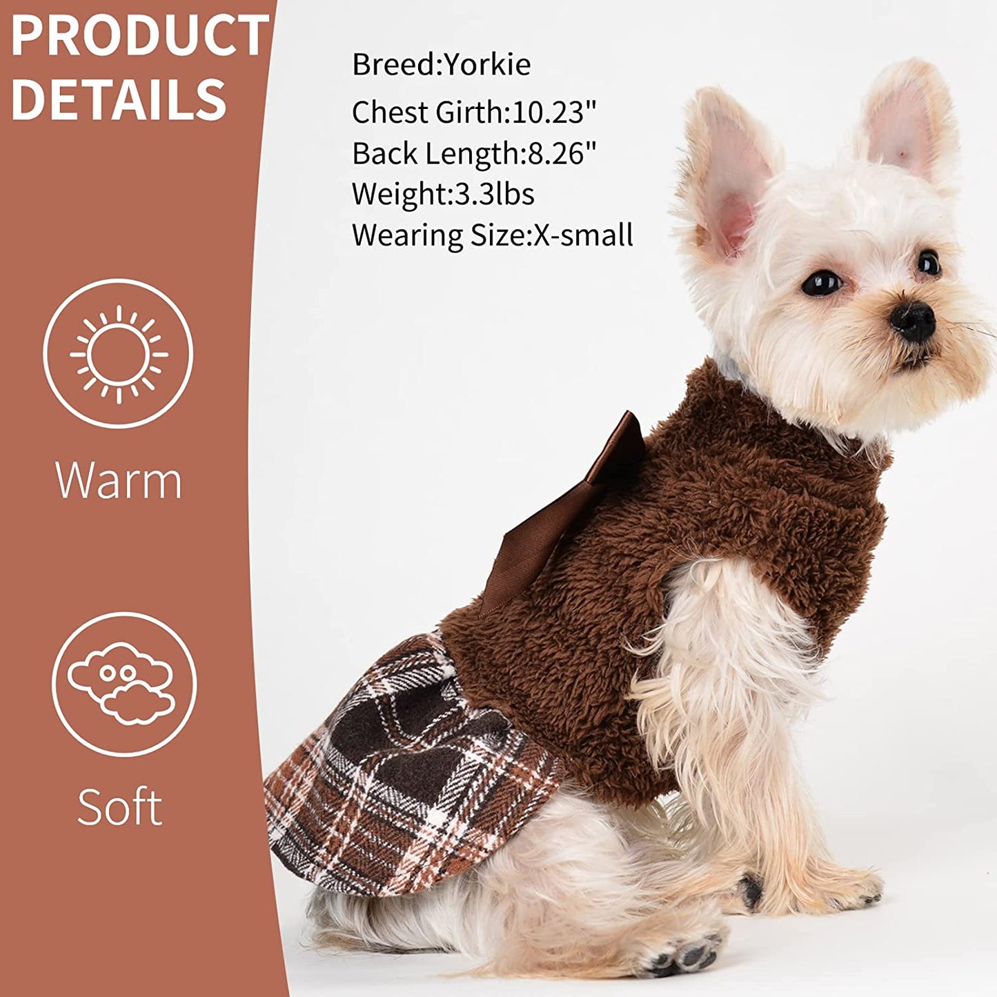 Yikeyo Fuzzy Dog Plaid Sweater Dress, Winter Warm Female Dog Clothes for Small Dogs Girl, Pet Outfit, Cat Apparel (Medium, Brown) Animals & Pet Supplies > Pet Supplies > Dog Supplies > Dog Apparel Yikeyo   