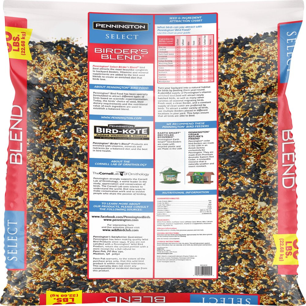 Pennington Select Birder'S Blend, Wild Bird Seed and Feed, 50 Lb. Bag Animals & Pet Supplies > Pet Supplies > Bird Supplies > Bird Food CENTRAL GARDEN & PET COMPANY   