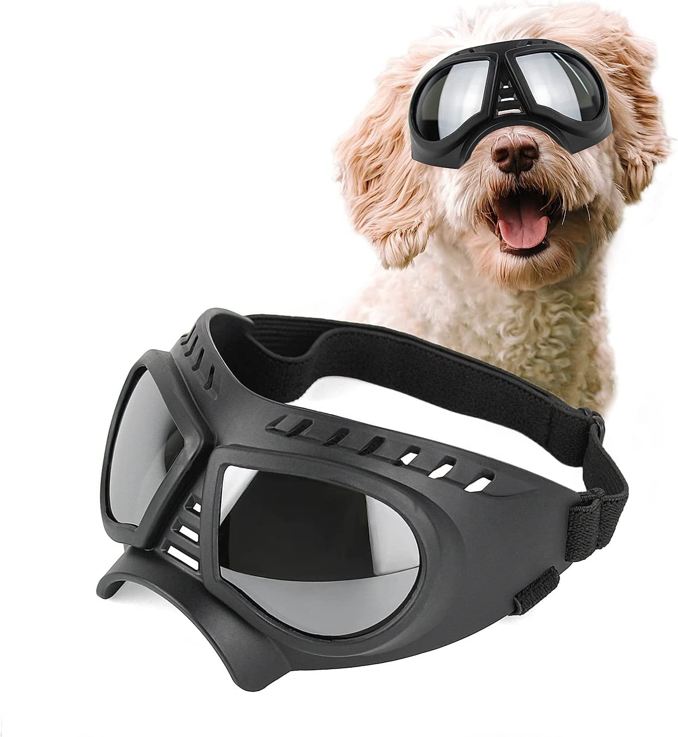 PETLESO Dog Goggles Medium Breed, Dog Sunglasses for Medium Dog Puppy Sunglasses Eye Protection for Dog Driving Hiking, Blue Lens Animals & Pet Supplies > Pet Supplies > Dog Supplies > Dog Apparel PETLESO Medium Silver Lens  