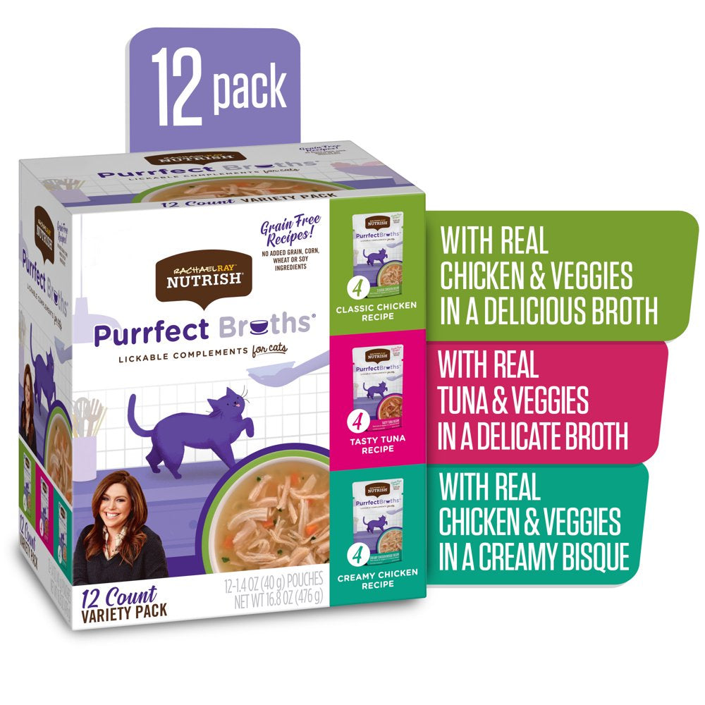 Rachael Ray Nutrish Purrfect Broths Grain Free Variety Pack, All Natural Complement for Cats, 1.4 Oz Pouches, 12-Count Animals & Pet Supplies > Pet Supplies > Cat Supplies > Cat Treats The J.M. Smucker Company   