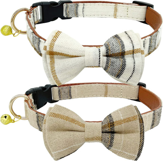 KUDES Plaid Dog Collar with Bow, 2 Pack/Set Adjustable Cute Dog Bow Tie Collars with Bell, Best Pet Gift for Small Medium Large Boy Male Dogs, Beige & Brown (S(9.6''-13.8''), Beige & Brown) Animals & Pet Supplies > Pet Supplies > Dog Supplies > Dog Apparel Leegoo Beige & Brown S(9.6''-13.8'') 