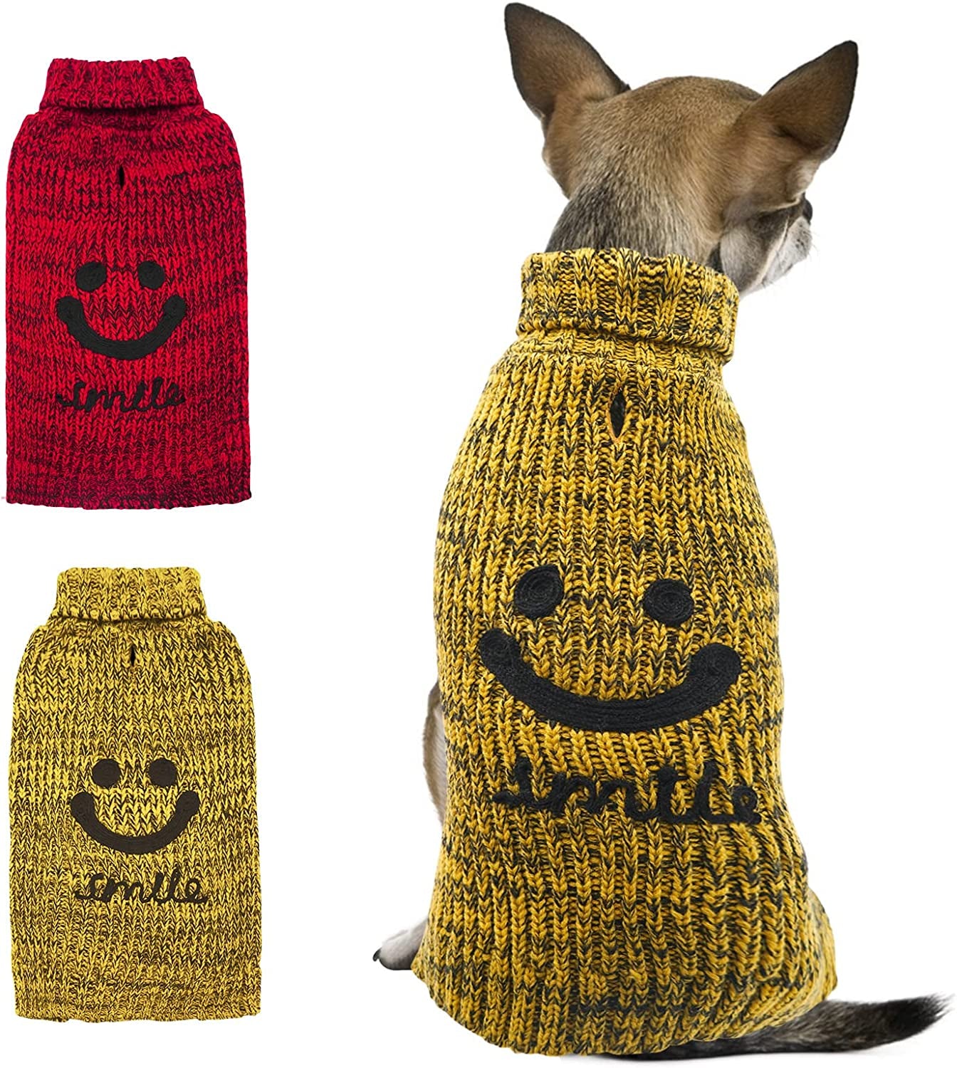 KYEESE Dog Sweater Turtleneck Smile Face Dog Knitwear with Leash Hole for Small Dogs Pet Sweater,Red,M Animals & Pet Supplies > Pet Supplies > Dog Supplies > Dog Apparel kyeese (Smile) Yellow XX-Large (35-55lbs) 