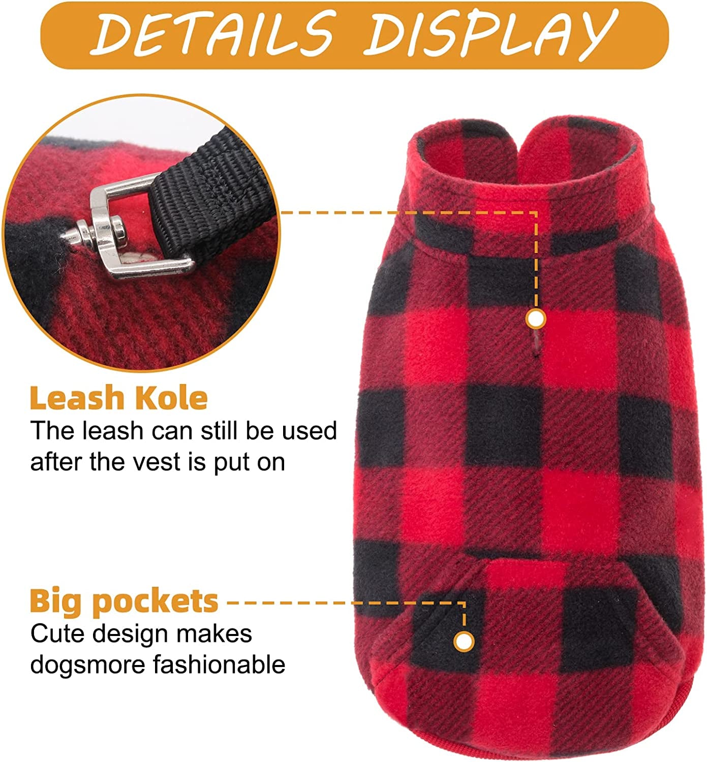 KOOLTAIL Fleece Dog Vest Clothes - Plaid Dog Sweater Pet Clothing with Pocket, Pet Winter Jacket Cold Winter Coat for Small Medium Dogs Animals & Pet Supplies > Pet Supplies > Dog Supplies > Dog Apparel Best4cat   