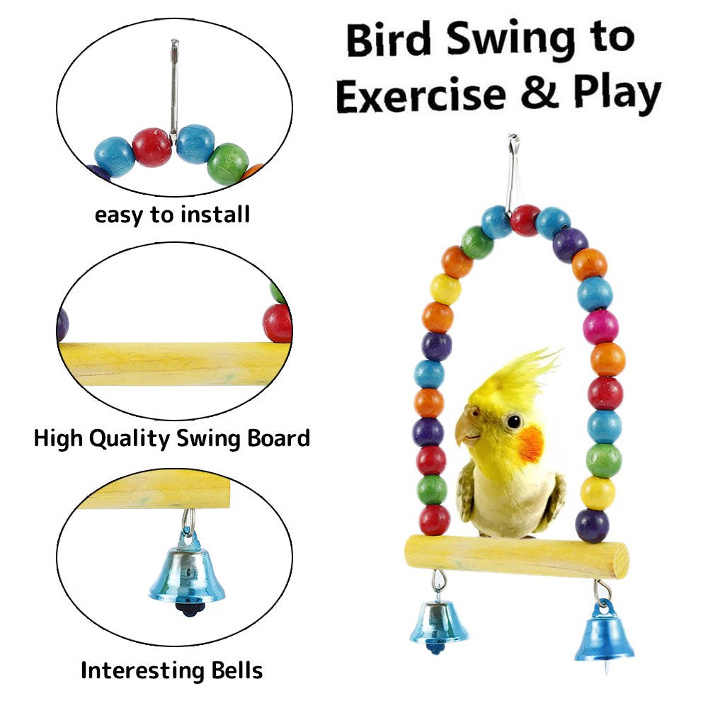 Muross Bird Cages Accessories,Parrot Toy Set,Bird Swing Bells Wooden Hanging Chewing Kit for Small Medium Parrots，Conures, Cockatiels, Budgie
