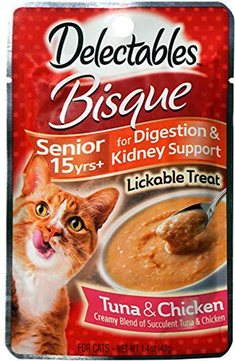 Delectables Stew Senior 15+ Chicken & Tuna Lickable Cat Treat Bisque Senior 15 Years+ Lickable Wet Cat Treats. Two Flavors, 3 Pouches of Each Flavor. Variety Pack 6 Count Total