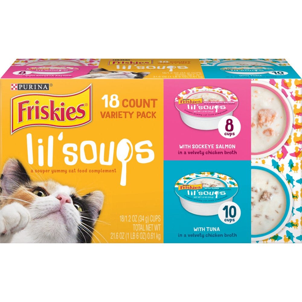 (18 Pack) Friskies Grain Free Wet Cat Food Complement Variety Pack, Lil' Soups with Sockeye Salmon & Tuna in Broth, 1.2 Oz. Cups Animals & Pet Supplies > Pet Supplies > Cat Supplies > Cat Treats Nestlé Purina PetCare Company   