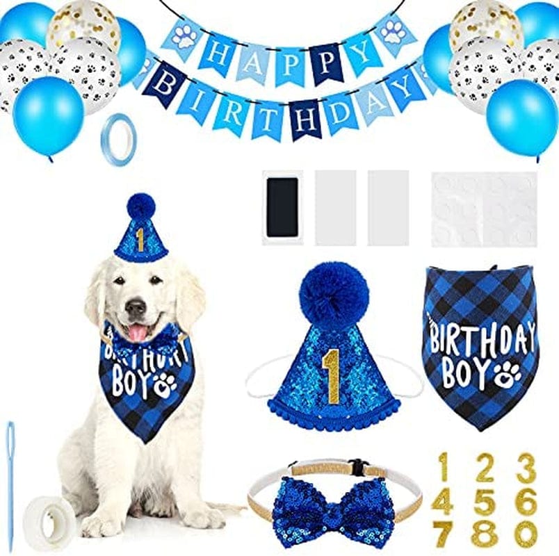 18 Pieces Dog Birthday Party Supplies, Pet Birthday Boy Bandana Dog Birthday Bandana Balloon Banner Pet Birthday Hat with 0-8 Figures Touch Ink Pad and Imprint Cards Dog Birthday Party Decorations Animals & Pet Supplies > Pet Supplies > Dog Supplies > Dog Apparel Sumind   