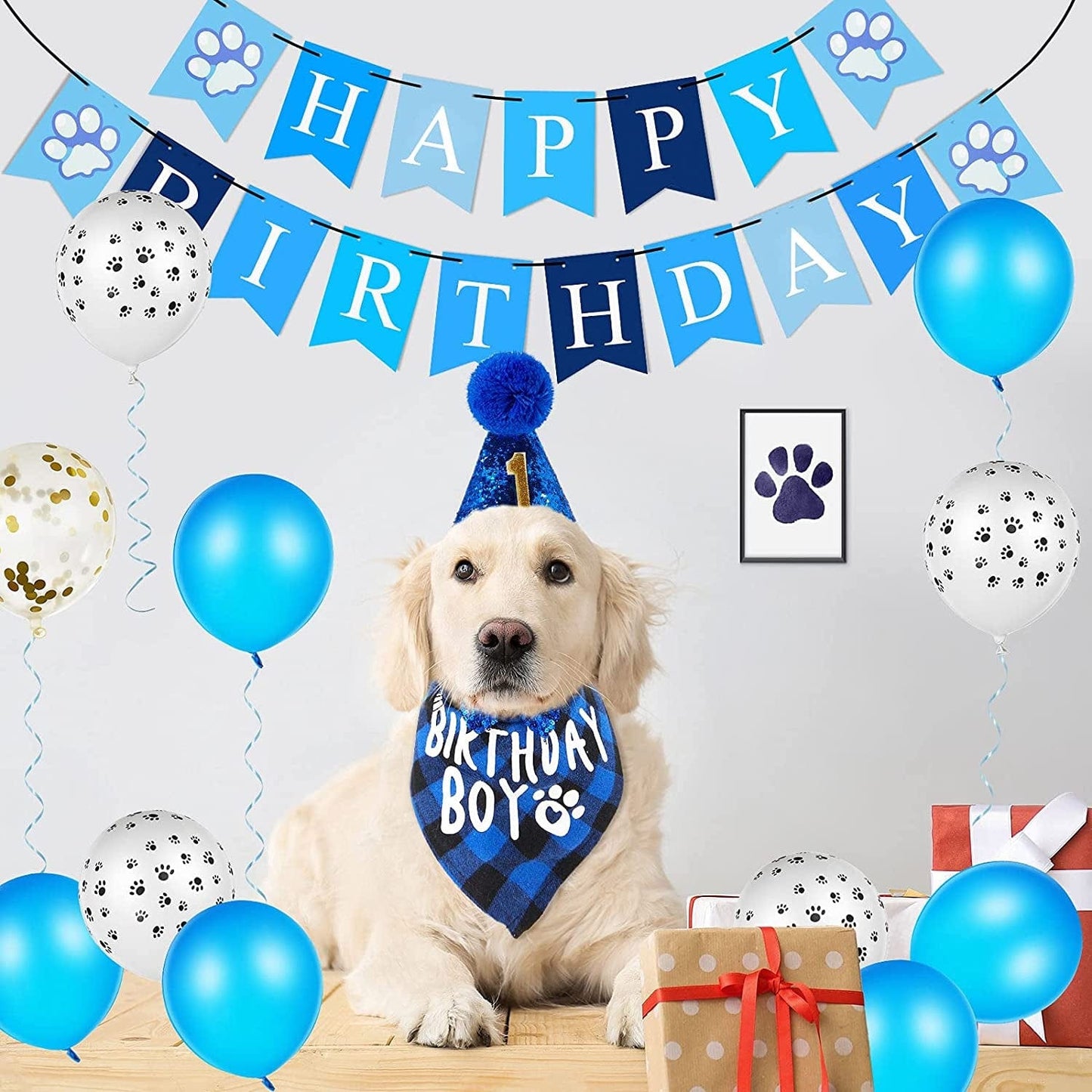 18 Pieces Dog Birthday Party Supplies, Pet Birthday Boy Bandana Dog Birthday Bandana Balloon Banner Pet Birthday Hat with 0-8 Figures Touch Ink Pad and Imprint Cards Dog Birthday Party Decorations Animals & Pet Supplies > Pet Supplies > Dog Supplies > Dog Apparel Sumind   