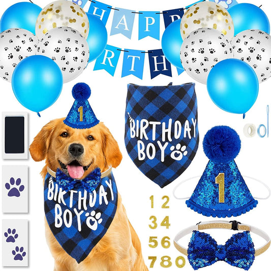 18 Pieces Dog Birthday Party Supplies, Pet Birthday Boy Bandana Dog Birthday Bandana Balloon Banner Pet Birthday Hat with 0-8 Figures Touch Ink Pad and Imprint Cards Dog Birthday Party Decorations Animals & Pet Supplies > Pet Supplies > Dog Supplies > Dog Apparel Sumind   