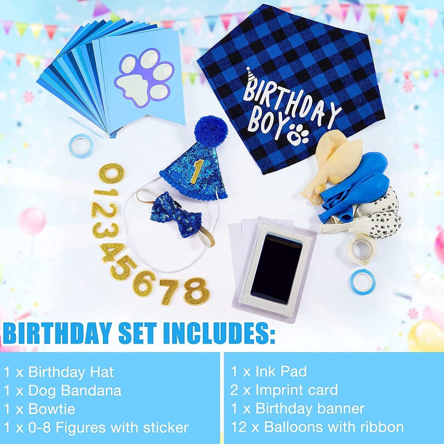 18 Pieces Dog Birthday Party Supplies, Pet Birthday Boy Bandana Dog Birthday Bandana Balloon Banner Pet Birthday Hat with 0-8 Figures Touch Ink Pad and Imprint Cards Dog Birthday Party Decorations Animals & Pet Supplies > Pet Supplies > Dog Supplies > Dog Apparel Sumind   