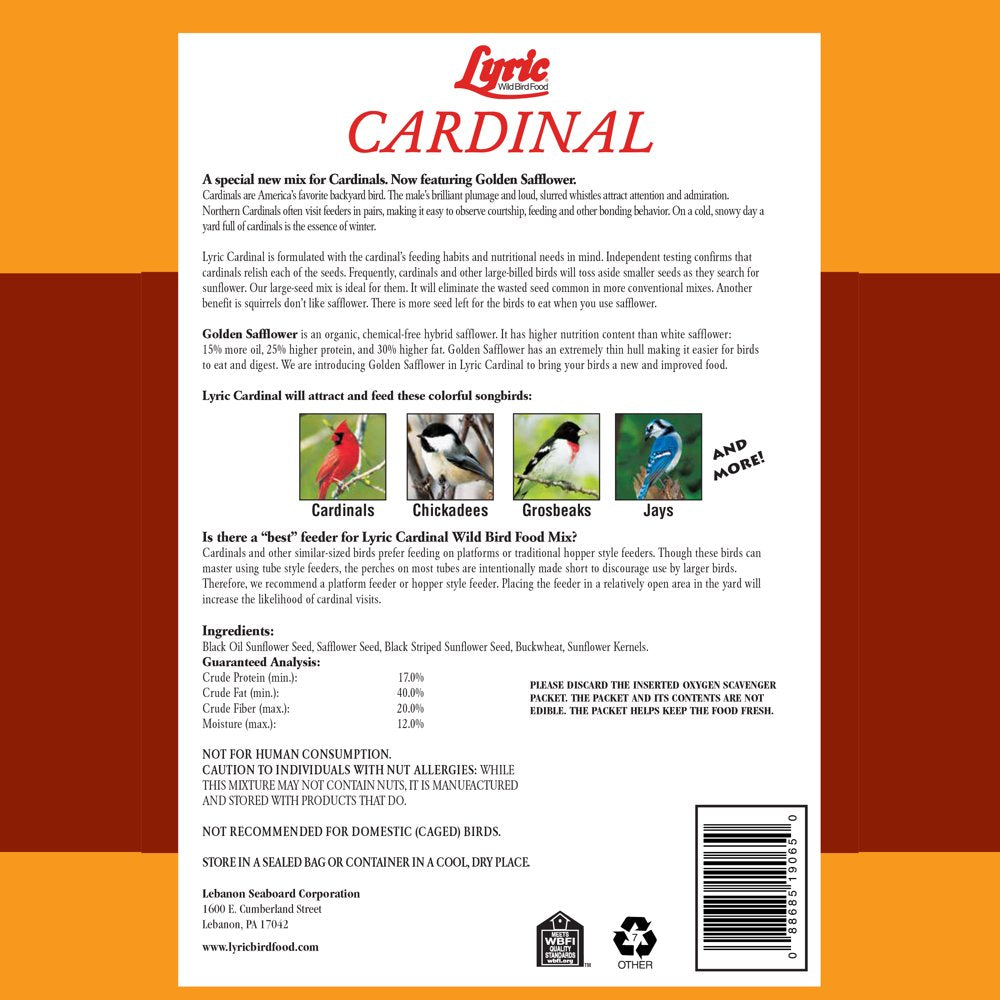 Lyric Cardinal Wild Bird Seed, Sunflower and Safflower Premium Bird Food Mix, 3.75 Lb. Bag Animals & Pet Supplies > Pet Supplies > Bird Supplies > Bird Food Lebanon Seaboard Corporation   