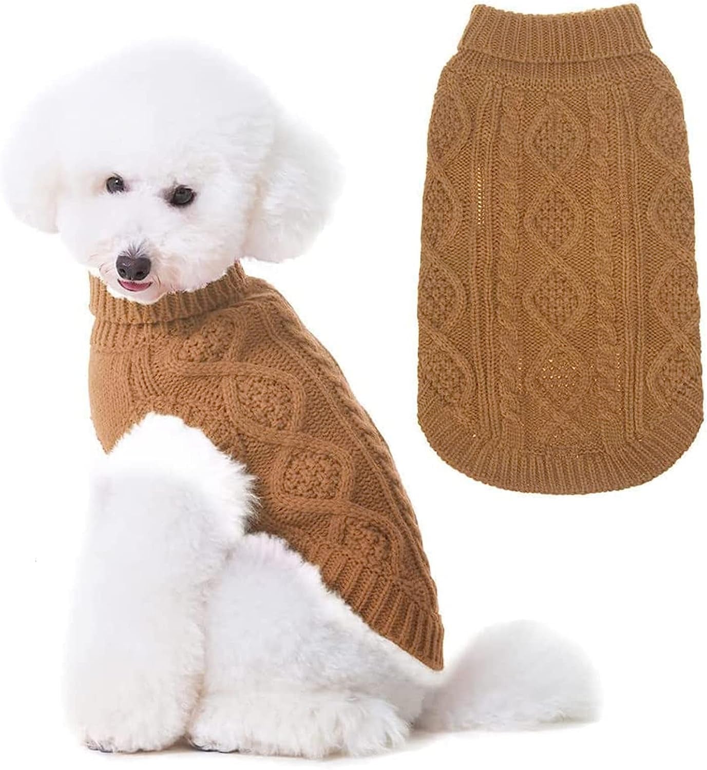 BINGPET Dog Knitted Sweaters - Turtleneck - Classic Cable Knit Dog Jumper Coat Warm Sweartershirts Outfits for Dogs Cats in Autumn Winter Animals & Pet Supplies > Pet Supplies > Dog Supplies > Dog Apparel BINGPET Brown Small/Medium 