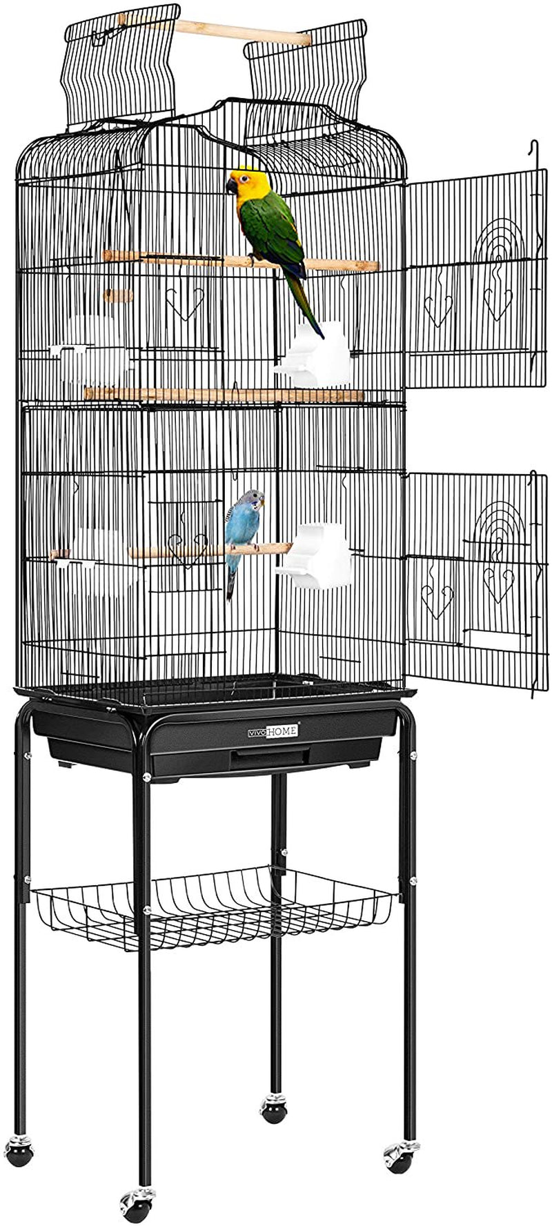 VIVOHOME 59.8 Inch Wrought Iron Bird Cage with Play Top and Rolling Stand for Parrots Conures Lovebird Cockatiel Parakeets Animals & Pet Supplies > Pet Supplies > Bird Supplies > Bird Cages & Stands VIVOHOME 59"  