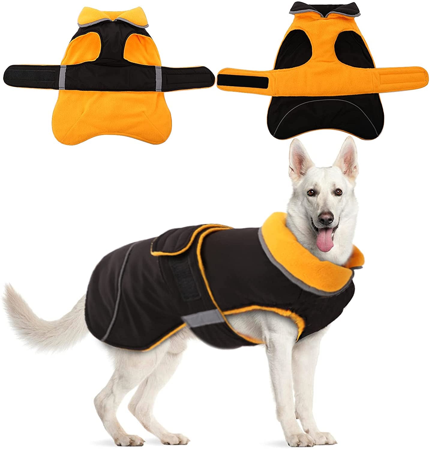 DENTERUN Winter Warm Dog Jacket Reflective Reversible Windproof Cozy Cold Weather Puppy Coat Water Repellent Vest Thick Fleece Apparel with Harness/Leash Hole for Outdoor Small Medium Large Dogs Animals & Pet Supplies > Pet Supplies > Dog Supplies > Dog Apparel DENTRUN Yellow Large 