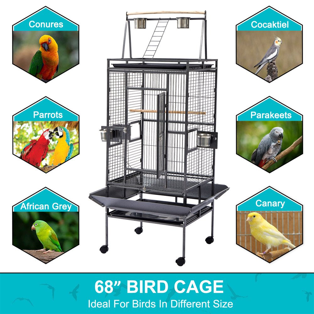 Kinbor 68" Bird Cage Opening Play Top Perch with Rolling Stand Castor Wheels Feeding Bowl for Parrot Cockatiel Finch Pet House Black Animals & Pet Supplies > Pet Supplies > Bird Supplies > Bird Cages & Stands Kinbor   