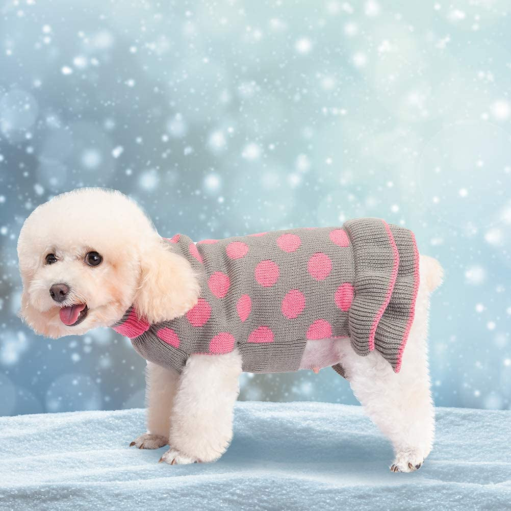 EXPAWLORER Dog Sweater for Small Dogs - Dog Winter Clothes with Leash Hole, Warm Polka Dot Turtleneck Knitwear Skirt for Puppy, Dog Winter Coat Apparel for Girl Dogs Animals & Pet Supplies > Pet Supplies > Dog Supplies > Dog Apparel EXPAWLORER   