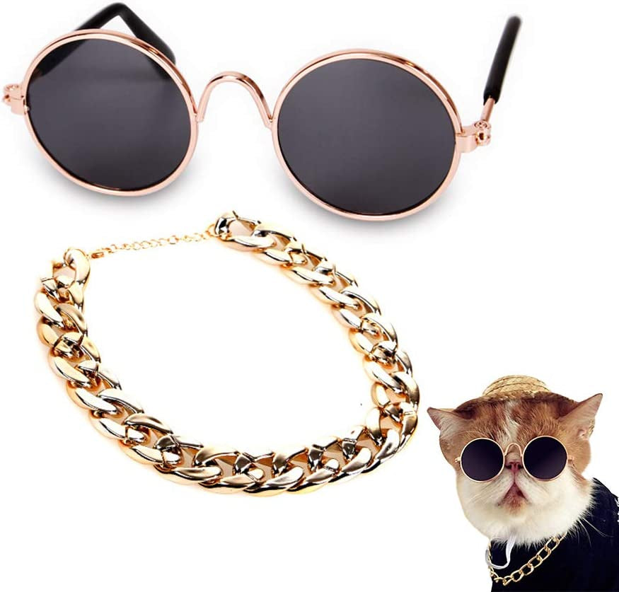 Secaden Funny Pet Classic Retro Circular Sunglasses and Gold Color Chain Necklace for Cats Small Dogs Animals & Pet Supplies > Pet Supplies > Dog Supplies > Dog Apparel Secaden   