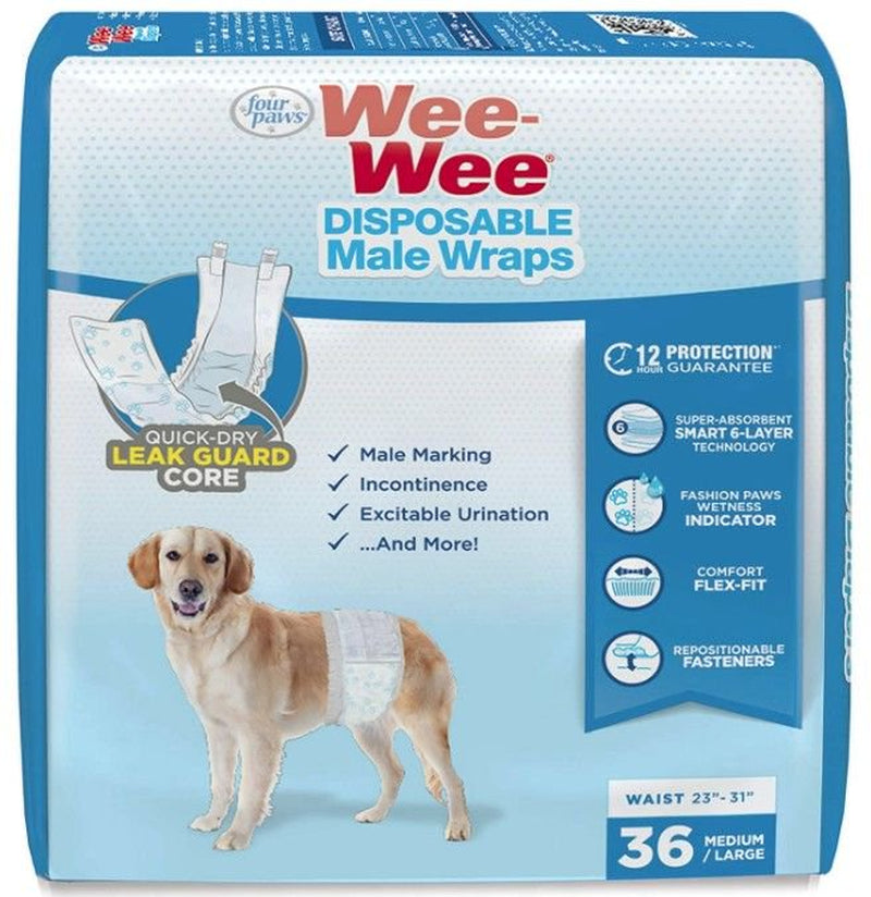Four Paws Wee Wee Disposable Male Dog Wraps Medium/Large 36 Count Pack of 4 Animals & Pet Supplies > Pet Supplies > Dog Supplies > Dog Diaper Pads & Liners Four Paws   