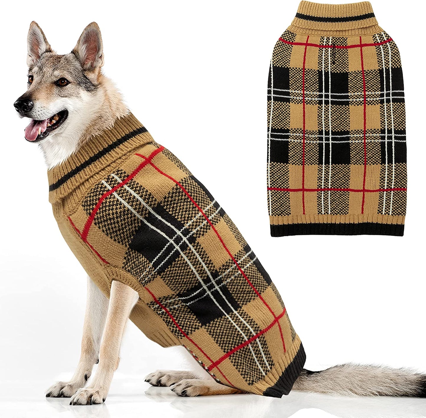 MIMLOB Dog Sweater for Small Medium Large Dogs - Plaid Warm Winter Fall Dog Sweater Vest - Knitted Turtleneck Pullover Cold Weather Dog Clothes with Leash Hole (S-XL) Animals & Pet Supplies > Pet Supplies > Dog Supplies > Dog Apparel MIMLOB XL: neck 17"-22", chest 29"-34"  