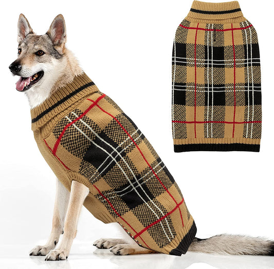 MIMLOB Dog Sweater for Small Medium Large Dogs - Plaid Warm Winter Fall Dog Sweater Vest - Knitted Turtleneck Pullover Cold Weather Dog Clothes with Leash Hole (S-XL) Animals & Pet Supplies > Pet Supplies > Dog Supplies > Dog Apparel MIMLOB XL: neck 17"-22", chest 29"-34"  