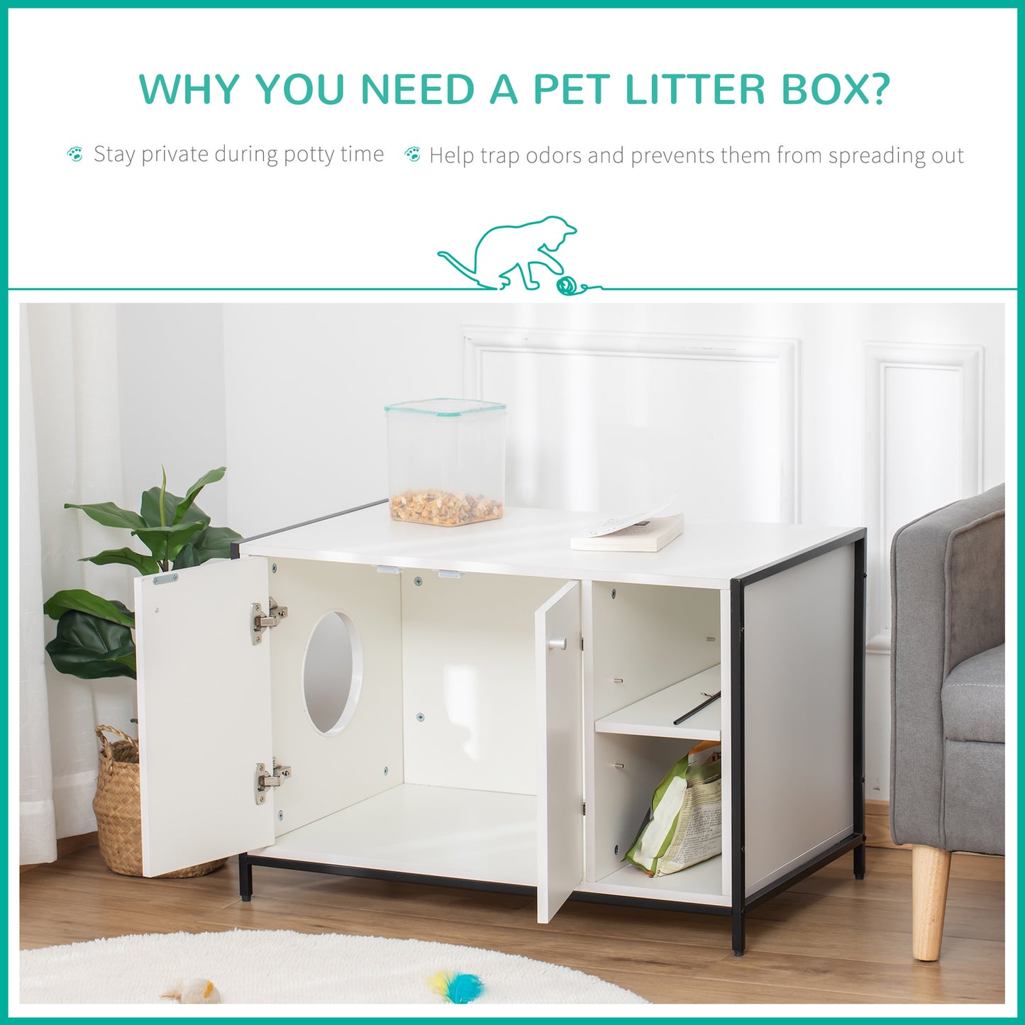 Pawhut Cat Litter Box Enclosure Hidden Adjustable Cat Furniture W/ Damping Hinge