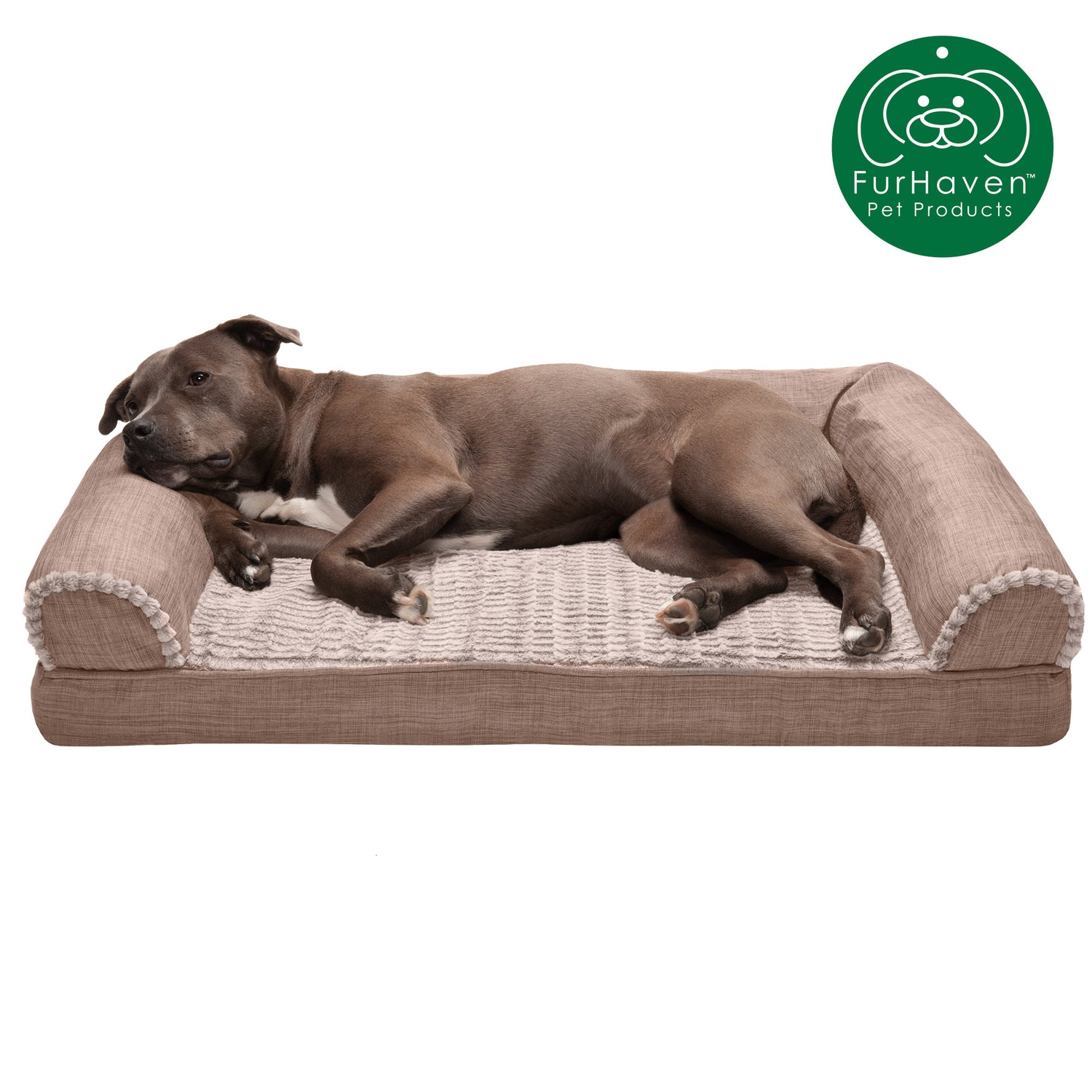 Furhaven Pet Products Cooling Gel Memory Foam Orthopedic Luxe Fur & Performance Linen Sofa-Style Couch Pet Bed for Dogs & Cats, Woodsmoke, Jumbo Animals & Pet Supplies > Pet Supplies > Cat Supplies > Cat Beds FurHaven Pet Orthopedic Foam L Woodsmoke