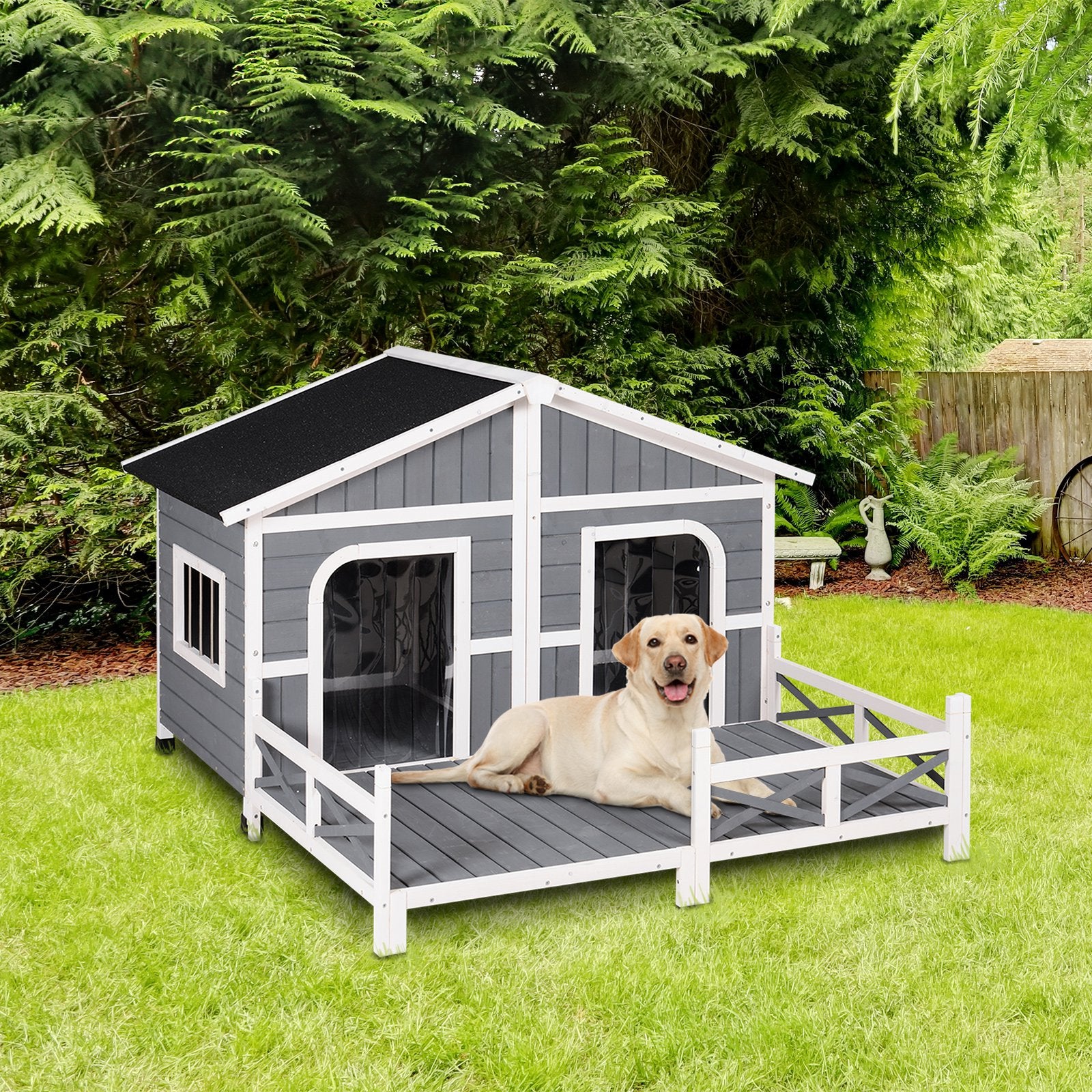 Festnight 59"X64"X39" Outdoor Dog House Weatherproof Rustic Log Cabin Style Wooden Raised Large Pet Shelter Nap W/ Porch