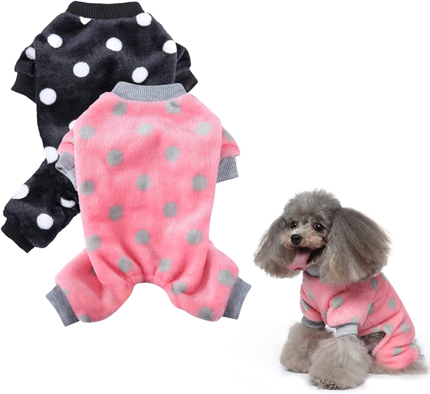 2 Pack Dog Pajamas for Small Dogs Boy Girl Fleece Puppy Pjs Jammies 4 Leg Dog Clothes for Chihuahua Yorkie Winter Warm Onesies Jumpsuit Clothing for Pet Dogs Male Female (Medium Bust 14.5") Animals & Pet Supplies > Pet Supplies > Dog Supplies > Dog Apparel Kosiyi Black Dots+Pink Dots X-Small (1-2 Ib) 