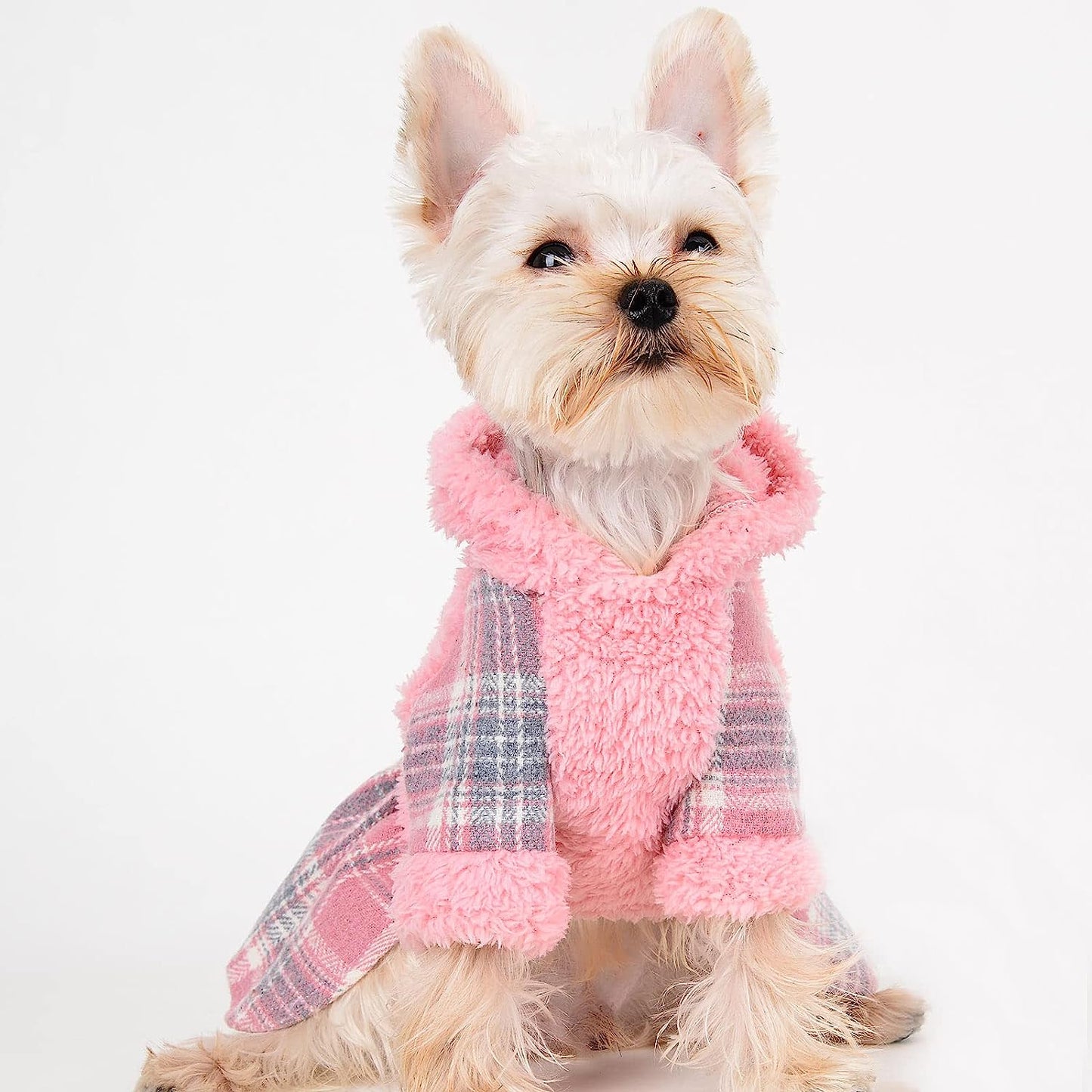 Winter Dog Dress, Fleece Dog Sweater for Small Dogs, Cute Warm Pink Plaid Puppy Dresses Clothes for Chihuahua Yorkie, Soft Pet Doggie Clothing Flanne Lining Cat Apparel (Pink, X-Small) Animals & Pet Supplies > Pet Supplies > Dog Supplies > Dog Apparel Sebaoyu   