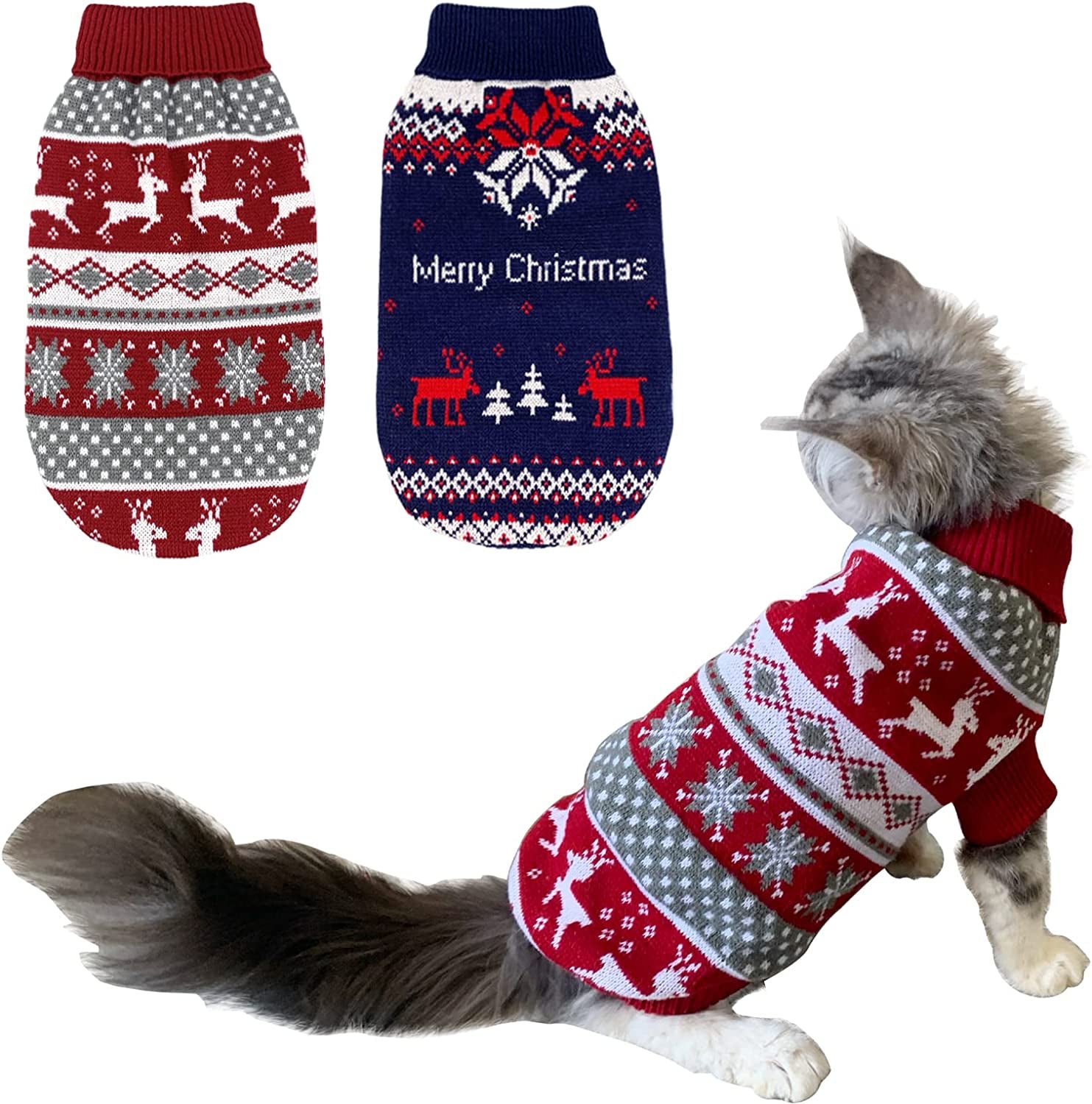 Cooshou 2Pcs Dog Christmas Sweater Cat Christmas Sweater Cat Dog Knitwear Sweater Xmas Pet Clothes Winter Warm Reindeer Snowflake Merry Christmas Cat Sweaters for Small Medium Cats Dogs M Animals & Pet Supplies > Pet Supplies > Dog Supplies > Dog Apparel CooShou X-Large  