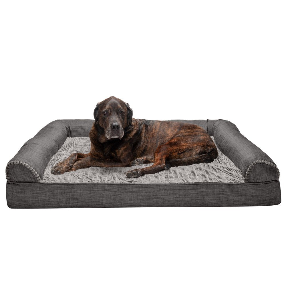 Furhaven Pet Products | Memory Foam Luxe Fur & Performance Linen Sofa-Style Couch Pet Bed for Dogs & Cats, Charcoal, Jumbo Plus Animals & Pet Supplies > Pet Supplies > Cat Supplies > Cat Beds FurHaven Pet   