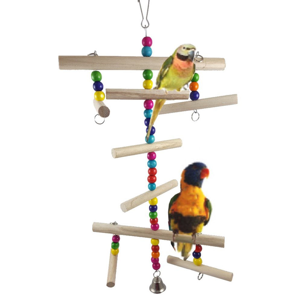 Bird Chewing Toy Wooden Perch Stand Climbing Ladder Parrot Cage Training Toys Colorful Wood Biting Toy with Hanging Hook