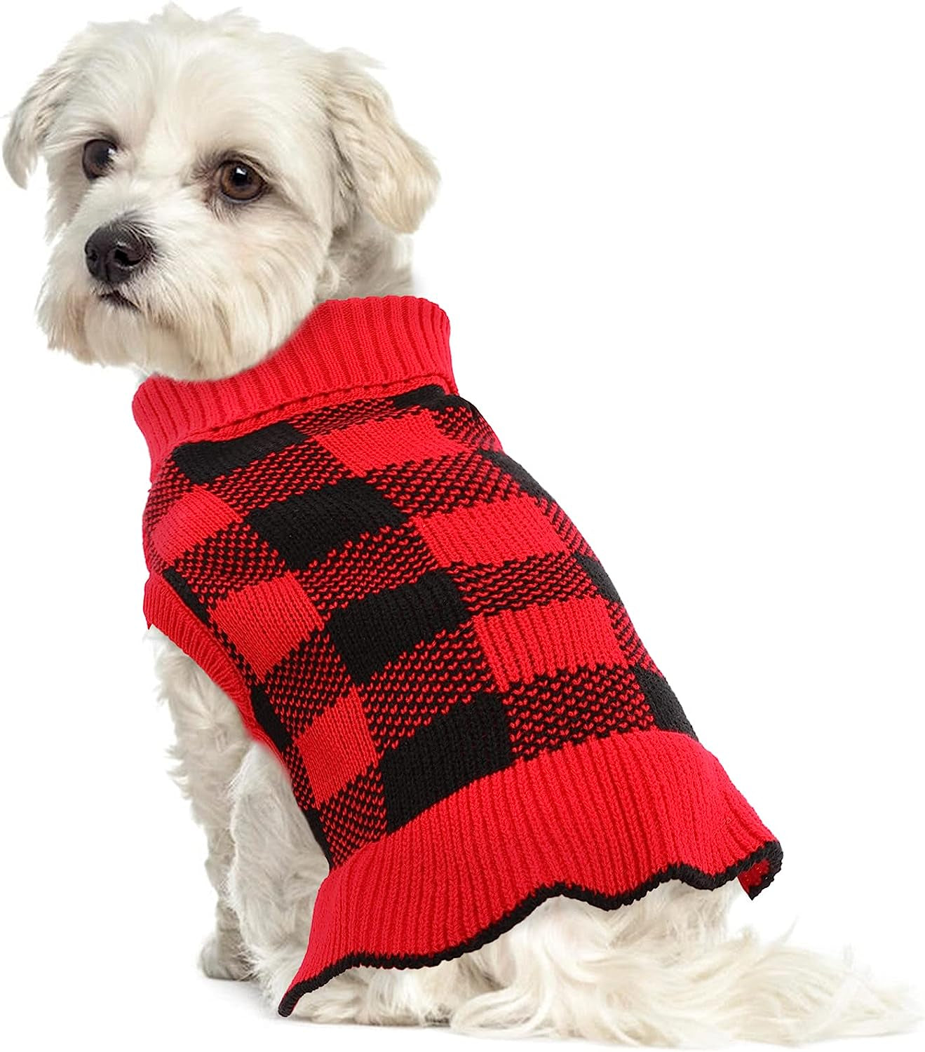 IDOMIK Dog Sweater Dress Turtleneck Doggie Plaid Sweaters, Pullover Knitted Warm Winter Dog Clothes with Leash Hole Fall Winter Warm Pet Knitwear Vest Xmas Coat for Small Medium Dogs Puppies Bulldog Animals & Pet Supplies > Pet Supplies > Dog Supplies > Dog Apparel IDOMIK Red X-Small 