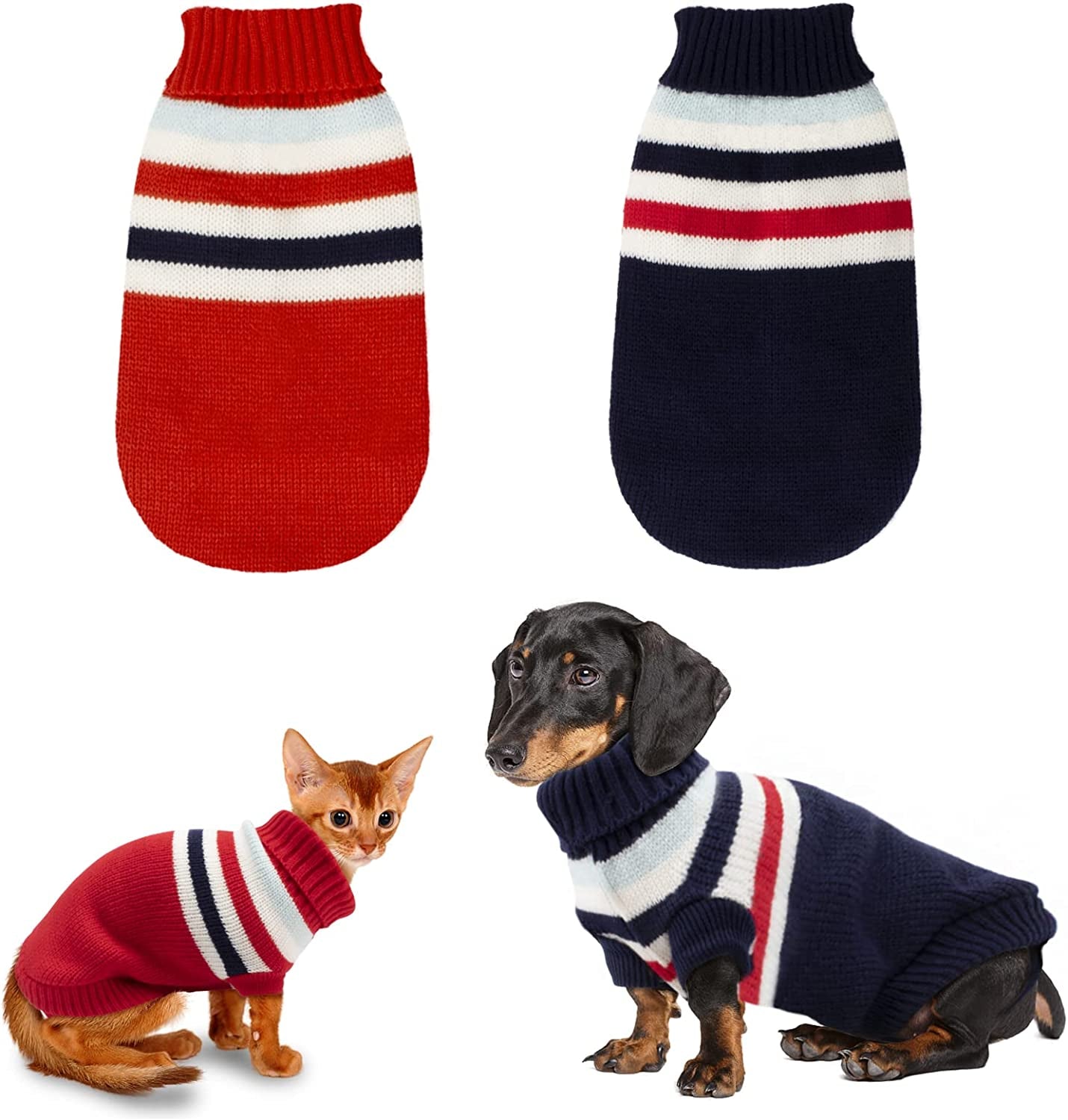 Rypet 2 Packs Striped Cat Sweater - Warm Knitted Sweater Turtleneck Cat Winter Clothes for Kittys and Small Dogs XS Animals & Pet Supplies > Pet Supplies > Dog Supplies > Dog Apparel Rypet X-Small (Pack of 2)  