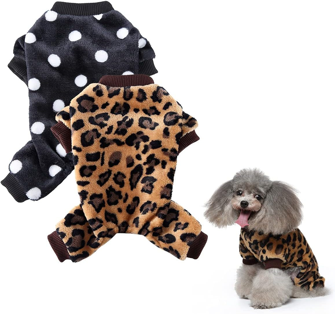 2 Pack Dog Pajamas for Small Dogs Boy Girl Fleece Puppy Pjs Jammies 4 Leg Dog Clothes for Chihuahua Yorkie Winter Warm Onesies Jumpsuit Clothing for Pet Dogs Male Female (Medium Bust 14.5") Animals & Pet Supplies > Pet Supplies > Dog Supplies > Dog Apparel Kosiyi Black Dots + Leopard Print Medium (4-6 Ib) 