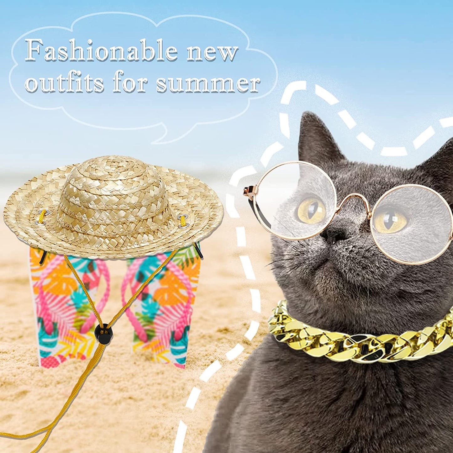 6PCS Pet Dog Cat Costume, Retro Pet Sunglasses, Adjustable Gold Chain Collar & Summer Straw Hat, Funny Pet Accessories for Cat Puppy Small Medium Dog Birthday Cosplay Party Animals & Pet Supplies > Pet Supplies > Dog Supplies > Dog Apparel Gaprumi   