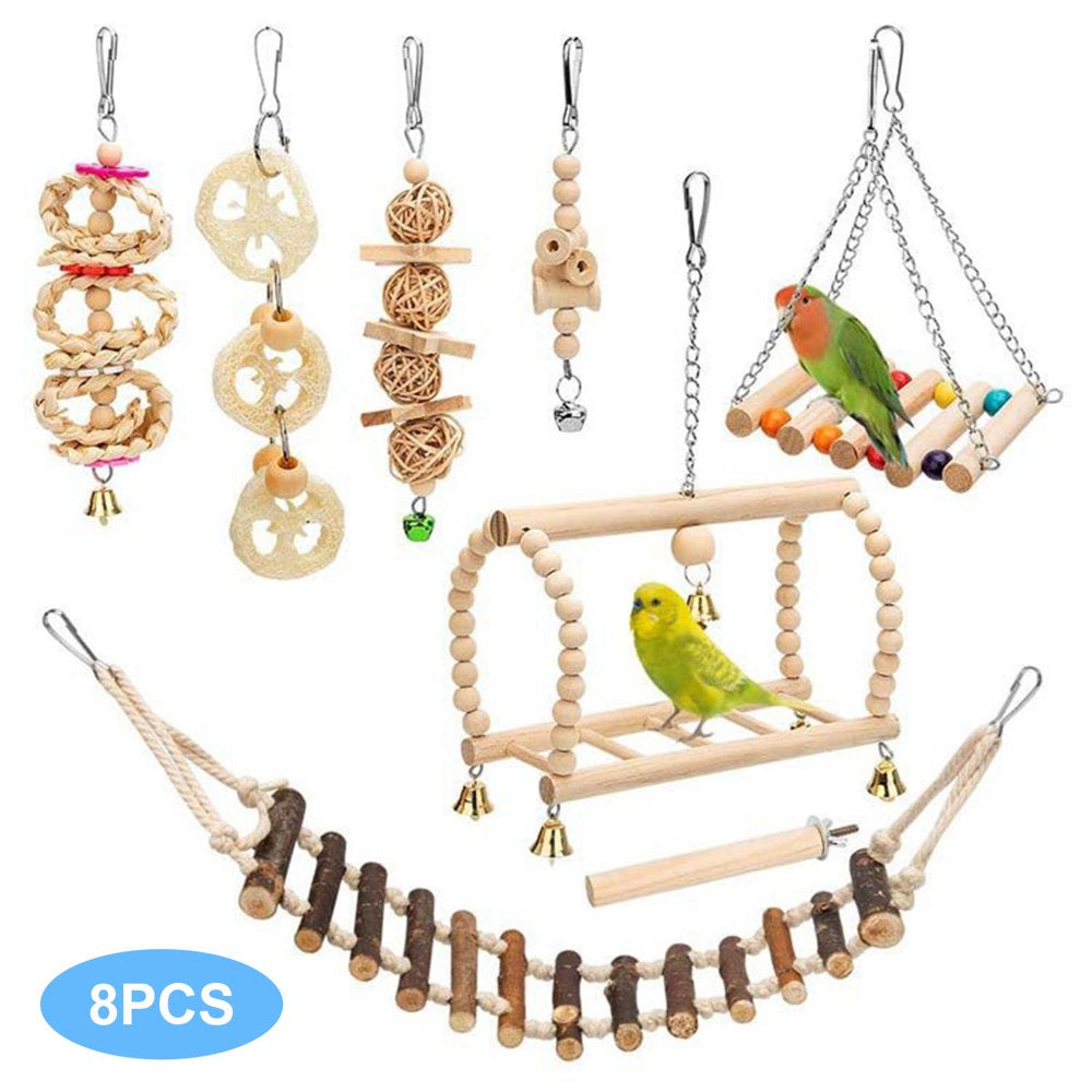 Meidiya 8Pcs Natural Wood Bird Swing Toys,Durable Climbing Rope Ladder Chewing Toys with Bells Bird Perch Toys for Small Birds,Budgerigar,Parakeet,Conure,Cockatiel,Mynah,Lovebird,Finch Animals & Pet Supplies > Pet Supplies > Bird Supplies > Bird Ladders & Perches Meidiya   