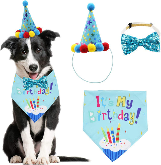 ADOGGYGO Dog Birthday Bandana Scarf and Dog Girl Boy Birthday Party Hat with Cute Dog Bow Tie for Small Medium Large Dog Pet (Large, Blue) Animals & Pet Supplies > Pet Supplies > Dog Supplies > Dog Apparel ADOGGYGO Blue Large 