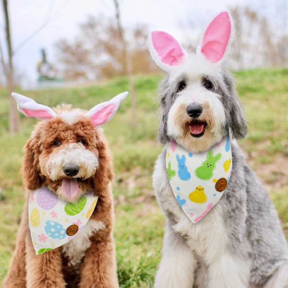 Crowned Beauty Easter Dog Bandanas Large 2 Pack, Colorful Bunnies Eggs Set, Floral Stripe Adjustable Triangle Holiday Plaid Reversible Scarves for Medium Large Extra Large Dogs Pets Animals & Pet Supplies > Pet Supplies > Dog Supplies > Dog Apparel Crowned Beauty   