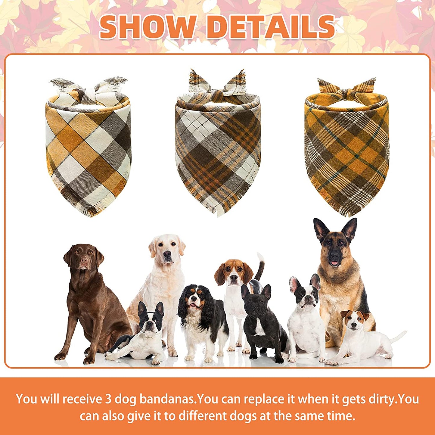 Fall Dog Bandana Plaid Bandana - Washable Replaceable Scarf Soft Pet Square Tassels Brown and Orange Autumn Triangle Bids Animals & Pet Supplies > Pet Supplies > Dog Supplies > Dog Apparel BIHE   