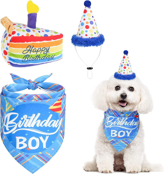 Dog Birthday Bandana Hat with Cake Plush Squeak Toy - Birthday Boy Triangle Scarf and Adjustable Polka Dot Hat, Cute Birthday Party Supplies for Small and Medium Dogs and Cats Animals & Pet Supplies > Pet Supplies > Dog Supplies > Dog Apparel Forwardog Blue-Cake  